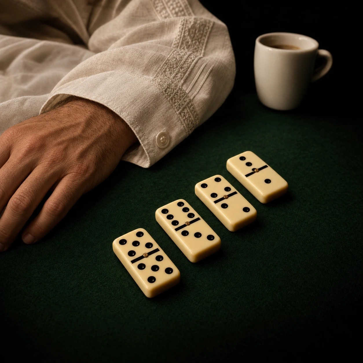 An editorial still life of ivory dominoes, guayabera linen, and cafecito
